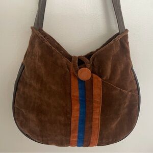 Elegant Brown Hobo Bag with Blue and Orange Stripes